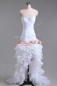 White Strapless Zipper Beading and Ruffles Wedding Dresses Sleeveless