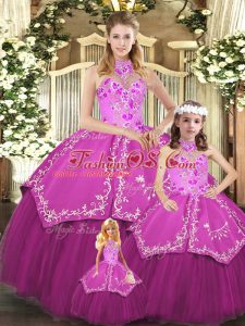 Shining Floor Length Fuchsia Sweet 16 Dress Satin and Tulle Sleeveless Embroidery
