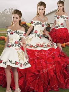 White And Red Ball Gowns Embroidery and Ruffles Ball Gown Prom Dress Lace Up Organza Sleeveless Floor Length