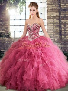 Watermelon Red Sweetheart Lace Up Beading and Ruffles Sweet 16 Dresses Sleeveless