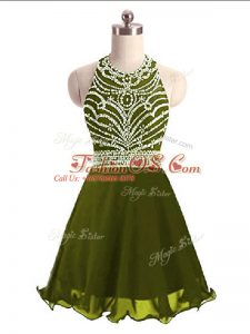 Captivating Olive Green Lace Up Prom Dresses Beading Sleeveless Mini Length