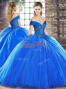 Royal Blue Lace Up Off The Shoulder Beading Sweet 16 Dress Organza Sleeveless Brush Train