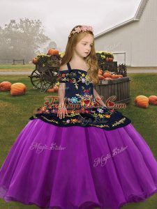 Purple Sleeveless Embroidery Floor Length Kids Formal Wear