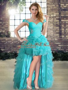 Low Price High Low Lace Up Evening Dress Aqua Blue for Prom and Party with Beading and Ruffles