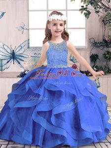Adorable Blue Sleeveless Beading and Ruffles Floor Length Little Girls Pageant Dress Wholesale