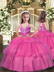 Lilac Straps Lace Up Beading and Ruffled Layers Pageant Gowns For Girls Sleeveless