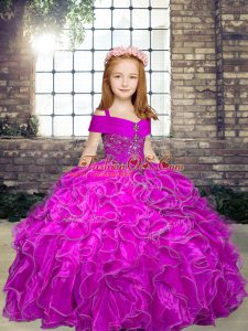 Floor Length Fuchsia Pageant Gowns For Girls Organza Sleeveless Beading and Ruffles