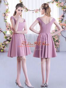 Latest Straps Cap Sleeves Dama Dress for Quinceanera Mini Length Ruching Pink Chiffon