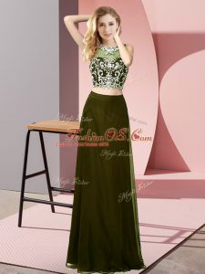 Sleeveless Floor Length Beading Backless Prom Dress with Olive Green