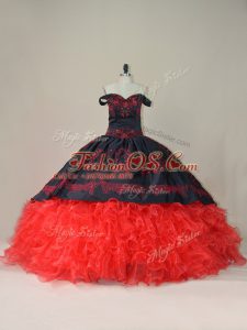 Designer Red And Black Ball Gowns Off The Shoulder Sleeveless Satin and Organza Brush Train Lace Up Embroidery and Ruffles Sweet 16 Dress