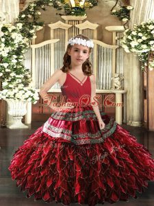 V-neck Sleeveless Organza Child Pageant Dress Appliques and Ruffles Zipper