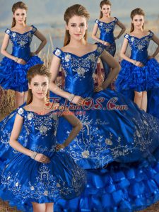 Satin Off The Shoulder Sleeveless Lace Up Embroidery and Ruffled Layers Quince Ball Gowns in Royal Blue