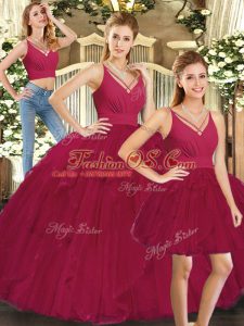 Captivating Red Ball Gowns V-neck Sleeveless Tulle Floor Length Lace Up Ruffles Sweet 16 Dress