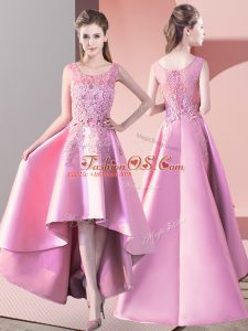 High Class Baby Pink Satin Zipper Scoop Sleeveless High Low Bridesmaids Dress Lace