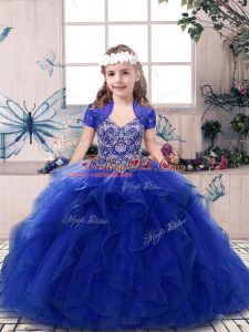 Royal Blue Straps Lace Up Beading and Ruffles Kids Formal Wear Sleeveless