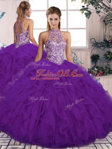 Luxurious Purple Tulle Lace Up 15 Quinceanera Dress Sleeveless Floor Length Beading and Ruffles