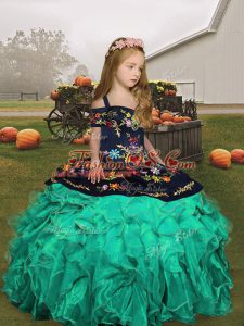 Embroidery Pageant Dress for Teens Turquoise Lace Up Sleeveless Floor Length