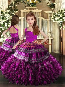 Ball Gowns Pageant Gowns For Girls Purple Straps Organza Sleeveless Floor Length Lace Up