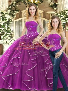 Strapless Sleeveless Lace Up Quinceanera Gown Purple Tulle