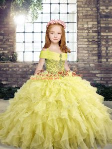 Amazing Yellow Organza Lace Up Straps Sleeveless Floor Length Little Girl Pageant Dress Beading and Ruffles