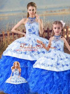 Luxurious Blue And White Halter Top Neckline Embroidery and Ruffles Sweet 16 Quinceanera Dress Sleeveless Lace Up