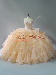 Sleeveless Organza Brush Train Lace Up Quince Ball Gowns in Gold with Beading and Ruffles