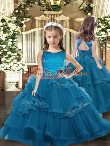 Teal Scoop Neckline Ruffled Layers Kids Pageant Dress Sleeveless Lace Up