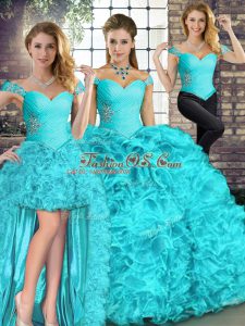 Clearance Aqua Blue Sleeveless Floor Length Beading and Ruffles Lace Up Sweet 16 Quinceanera Dress