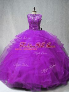 Nice Purple Sleeveless Beading and Ruffles Lace Up Quince Ball Gowns