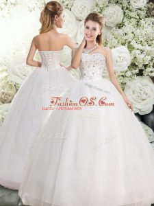Best White Lace Up Wedding Dress Beading Sleeveless Floor Length
