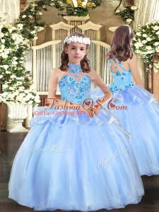 Floor Length Blue Girls Pageant Dresses Organza Sleeveless Appliques