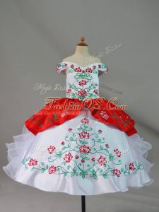 Amazing White And Red Satin and Organza Lace Up Little Girls Pageant Dress Sleeveless Floor Length Embroidery and Ruffles