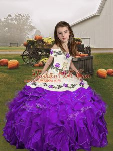 Sleeveless Organza Floor Length Lace Up Child Pageant Dress in Purple with Embroidery and Ruffles