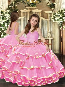 Floor Length Pink Little Girls Pageant Dress Wholesale Organza Sleeveless Beading and Ruffled Layers
