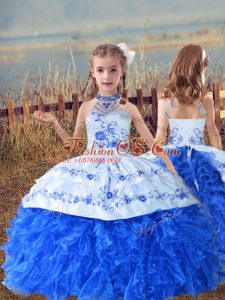 Sleeveless Floor Length Beading and Embroidery and Ruffles Lace Up Pageant Dress for Girls with Blue And White