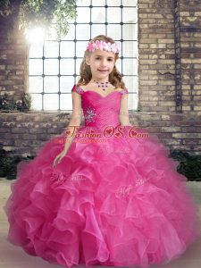Floor Length Lace Up Little Girls Pageant Gowns Hot Pink for Party and Wedding Party with Beading and Ruffles