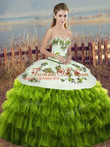 Olive Green Sleeveless Floor Length Embroidery and Ruffled Layers and Bowknot Lace Up Quinceanera Gown