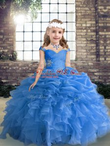 Blue Sleeveless Floor Length Beading and Ruffles and Pick Ups Lace Up Girls Pageant Dresses