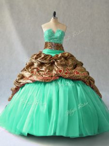 Elegant Turquoise Organza Lace Up V-neck Sleeveless Sweet 16 Dresses Brush Train Beading and Pick Ups