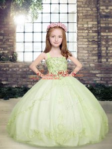Yellow Green Lace Up Straps Beading Kids Formal Wear Tulle Sleeveless