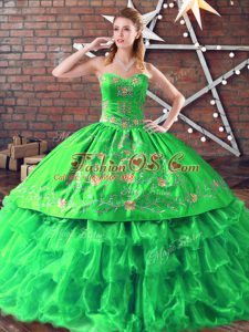 Best Sweetheart Sleeveless Quinceanera Dresses Floor Length Embroidery Green Organza