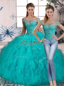 Pretty Aqua Blue Sleeveless Beading and Ruffles Lace Up Sweet 16 Dresses
