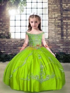 Stylish Floor Length Pageant Dress Toddler Off The Shoulder Sleeveless Lace Up