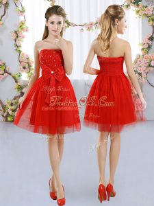 Fitting Red Tulle Side Zipper Quinceanera Dama Dress Sleeveless Mini Length Beading and Bowknot