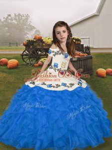 Latest Floor Length Lace Up Little Girls Pageant Dress Blue for Party and Wedding Party with Embroidery and Ruffles