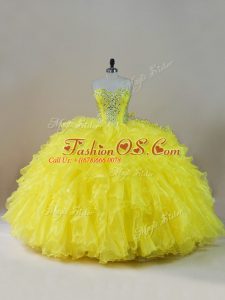 Customized Floor Length Yellow Quinceanera Dresses Sweetheart Sleeveless Lace Up