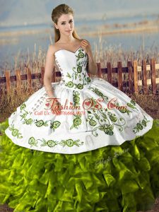 Free and Easy Sleeveless Satin and Organza Floor Length Lace Up Quinceanera Gowns in Olive Green with Embroidery and Ruffles