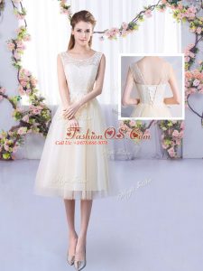 Champagne Vestidos de Damas Wedding Party with Lace Scoop Sleeveless Lace Up