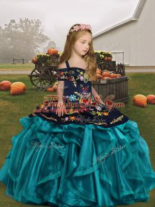 Wonderful Teal Sleeveless Floor Length Embroidery and Ruffles Lace Up Little Girls Pageant Dress
