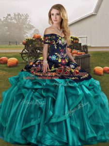 Teal Lace Up Off The Shoulder Embroidery and Ruffles Quinceanera Gowns Organza Sleeveless